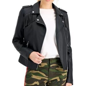 CoffeeShop Juniors Faux-Leather Fringe Moto Jacket Black Small New